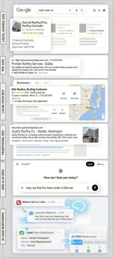 Search results showing Local Service Ads, PPC, Local Pack, Traditional SEO, AI Search, and Lead Nurturing